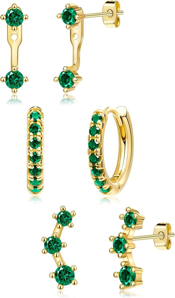 Gold Plated Stud Huggie Earrings Stack for Women Trendy, 3 Pairs Small Cute Hoop Jacket Cartilage... | Amazon (US)