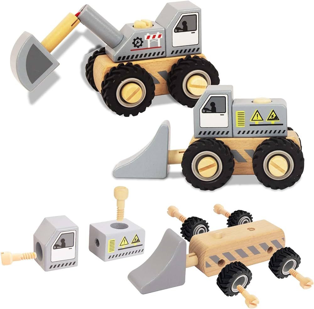 WoodenEdu Construction Vehicles for Toddlers, 2 Pcs Wooden Detachable Assemble Bulldozer and Exca... | Amazon (US)