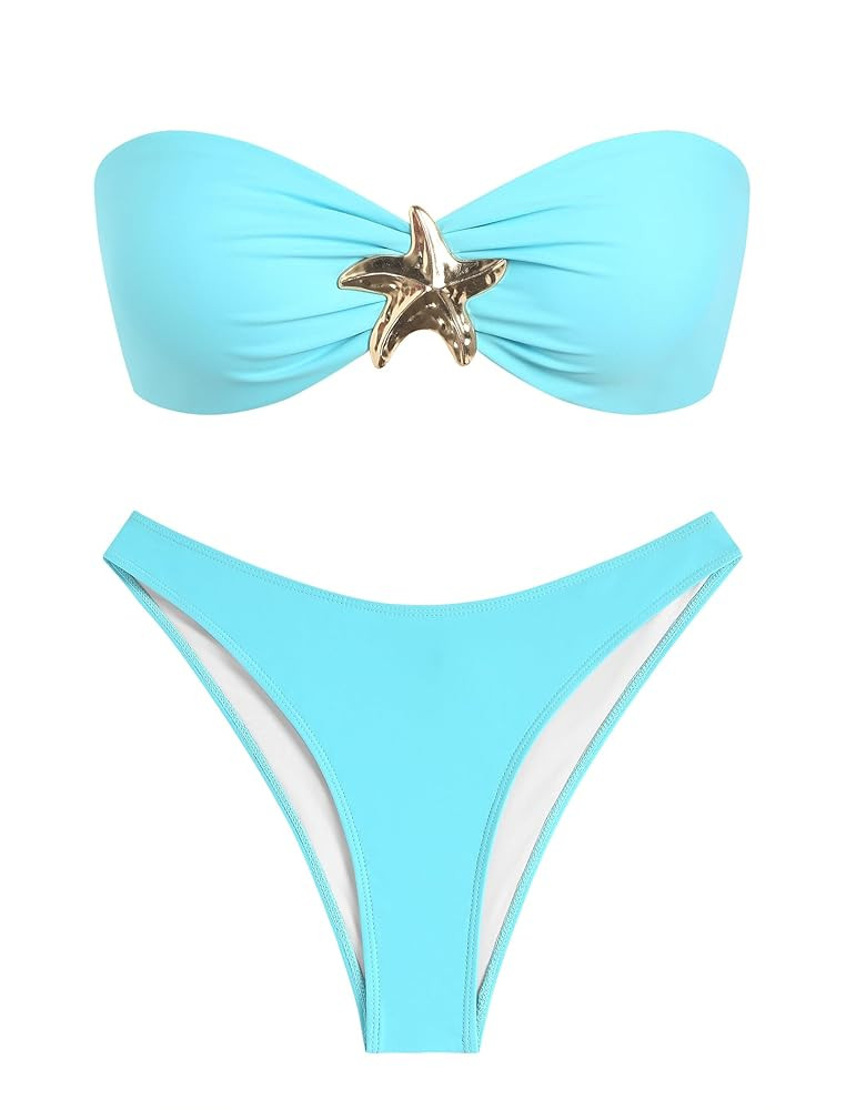 ZAFUL Womens Bandeau Bikini Set Metallic Sparkly O Ring Lace Up Tie Side High Cut Tanga Sexy Bath... | Amazon (US)