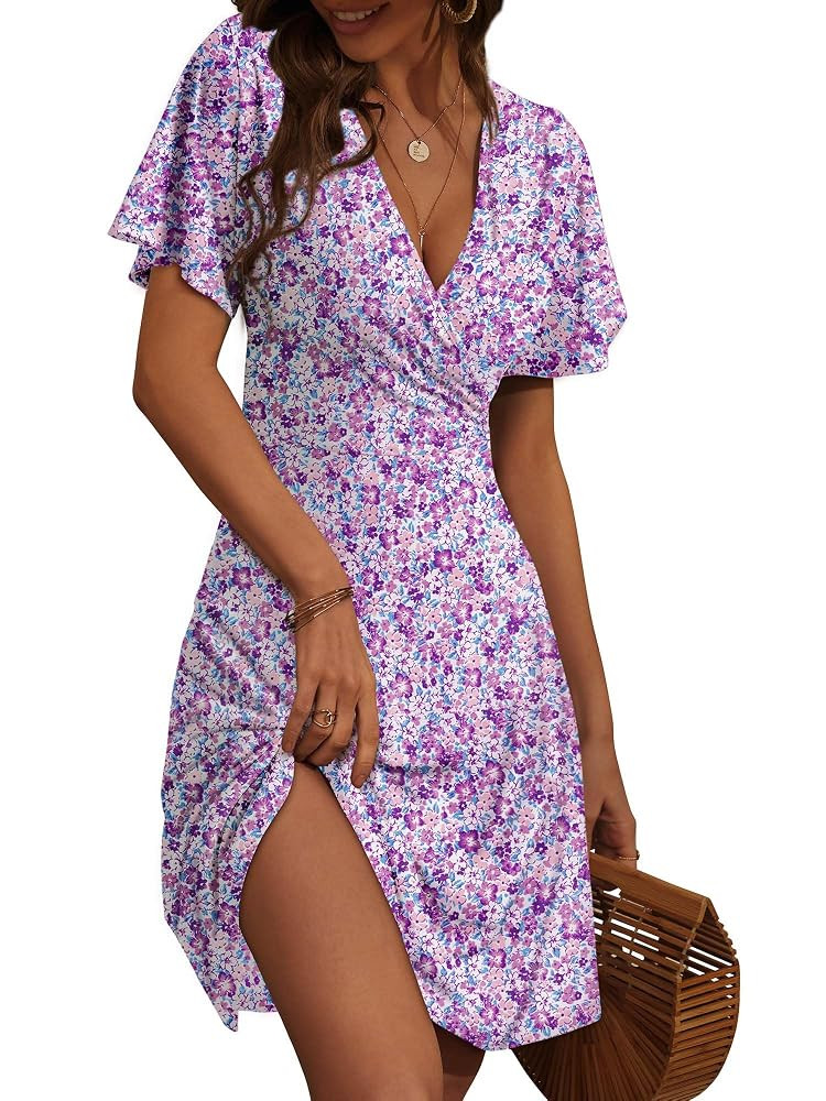 FENSACE Womens Sundress Summer Floral Short Sleeve Wrap V Neck A-Line Midi Dress | Amazon (US)
