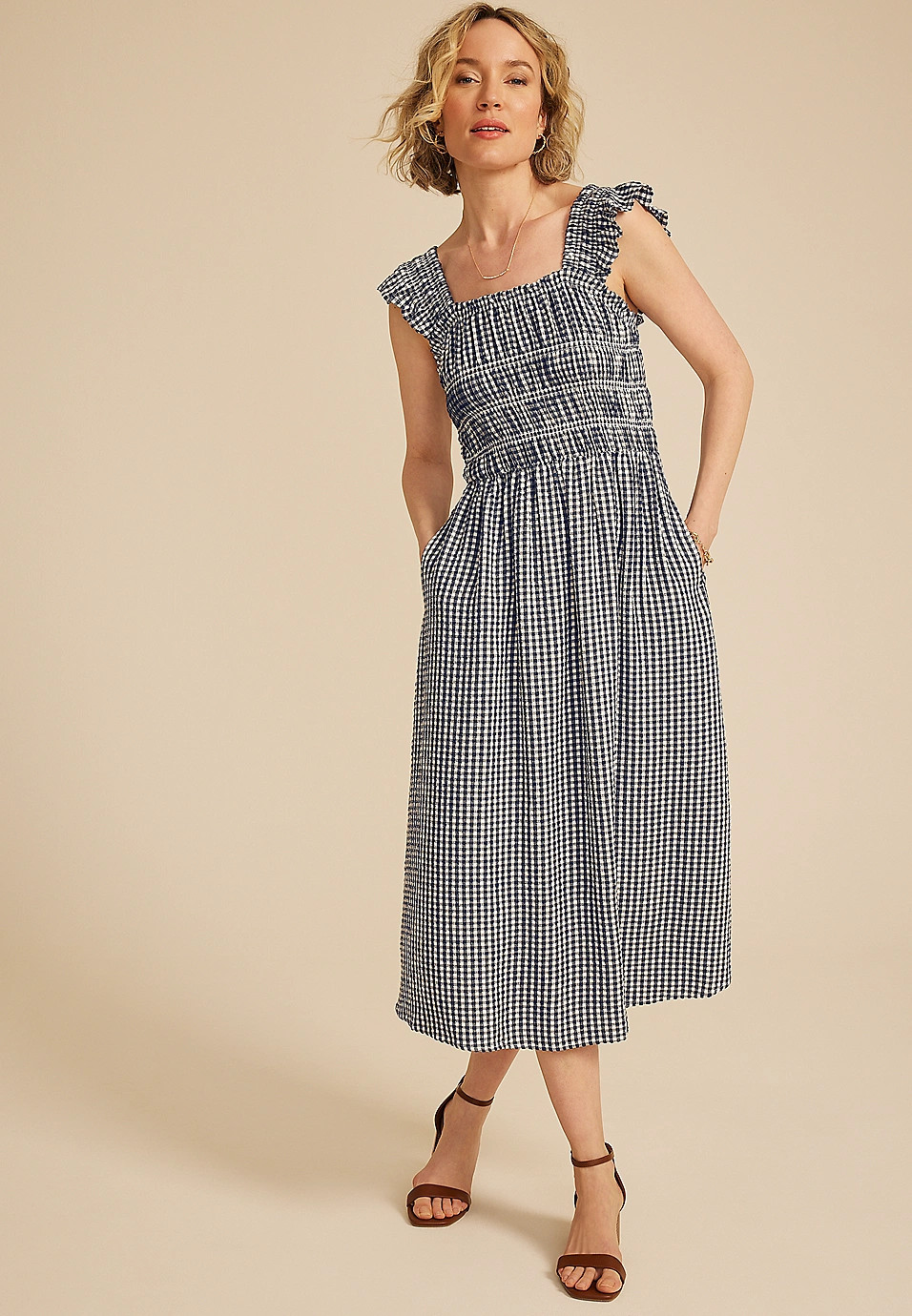 Gingham Micro Flutter Sleeve Midi Dress | Maurices