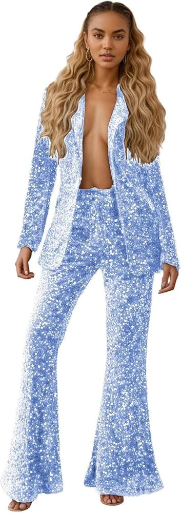 Sequin Pants Suit Women Sparkly Shiny Night Tuxedos for Women Glitter 2 Piece Outfits V Neck Part... | Amazon (US)