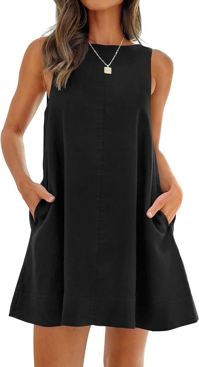 ZESICA Women's 2024 Summer Sleeveless Tunic Mini Dress Casual Crew Neck Backless Sundress Loose F... | Amazon (US)