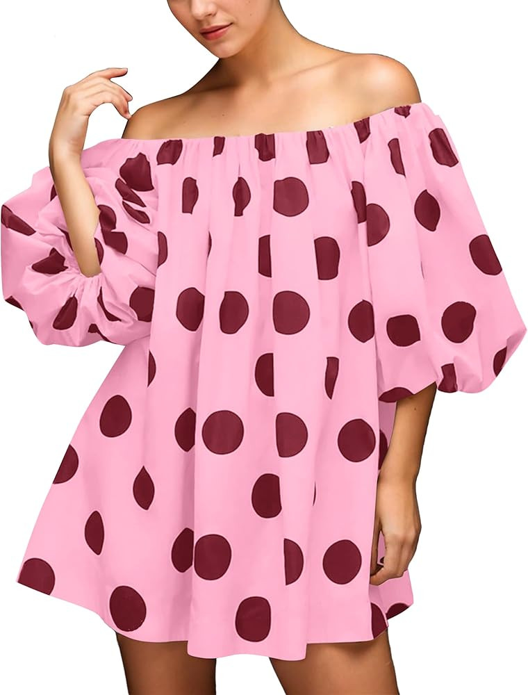 Meladyan Women's Off Shoulder Polka Dot Mini Dress Casual Puff Sleeve Loose Blouse Mini Dress Bea... | Amazon (US)