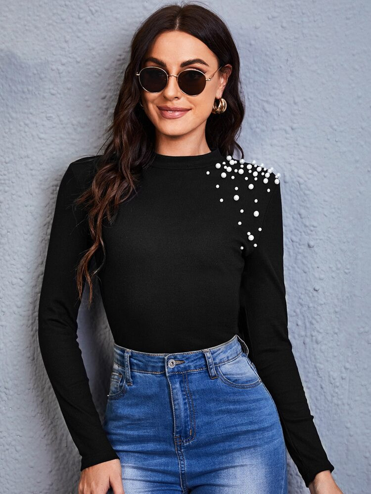 SHEIN Mock Neck Pearl Beaded Tee | SHEIN
