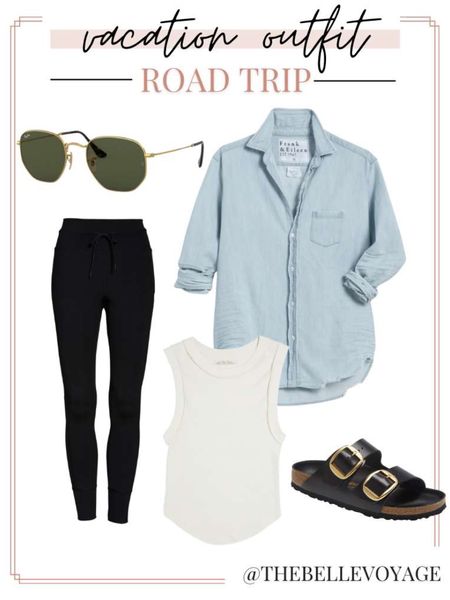 Perfect road trip outfit for your summer vacation!  Leggings, white tank, Birkenstock sandals and chambray button down.  

#LTKSeasonal #LTKtravel #LTKstyletip