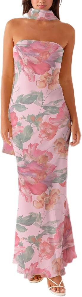 Women Floral Tube Maxi Dress with Scarf Summer Strapless Tube Bodycon Mesh Layer Cocktail Party W... | Amazon (US)