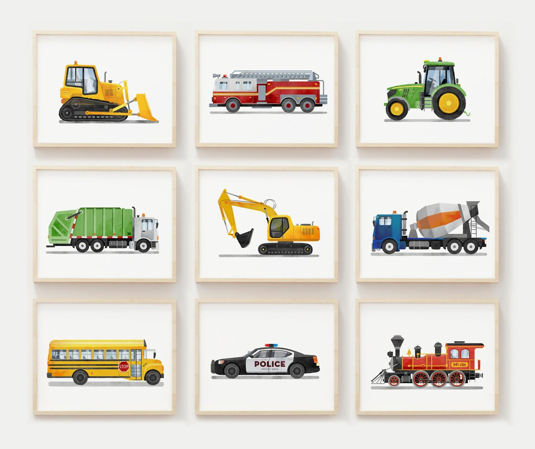 Set of 9 Vehicle Prints Construction Wall Art Transportation - Etsy | Etsy (US)