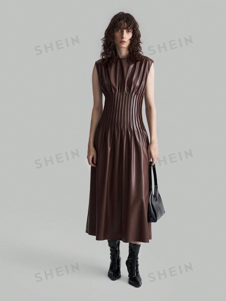 Ontre Brown Waistband PU Sleeveless Fashion Women's Long Skirt Simple Fashion With Design Sense S... | SHEIN