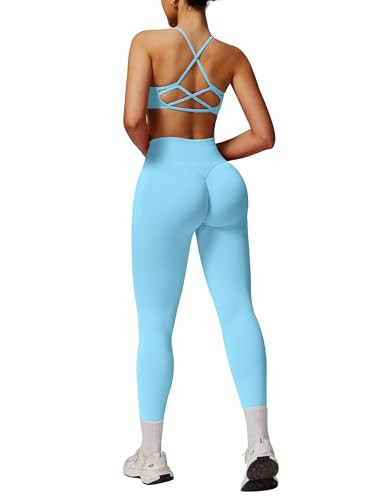 ABOCIW Two Piece Workout Sets for Women Seamless Backless Strappy Sports Bra Butt Lifting High Waist Gym Leggings Yoga Athletic Set Ice Blue Small | Amazon (US)