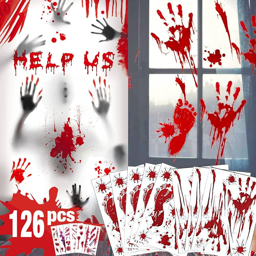 Halloween Decorations 179 PCS Halloween Window Clings, 13 Sheets Bloody Handprint Footprint Hallo... | Amazon (US)