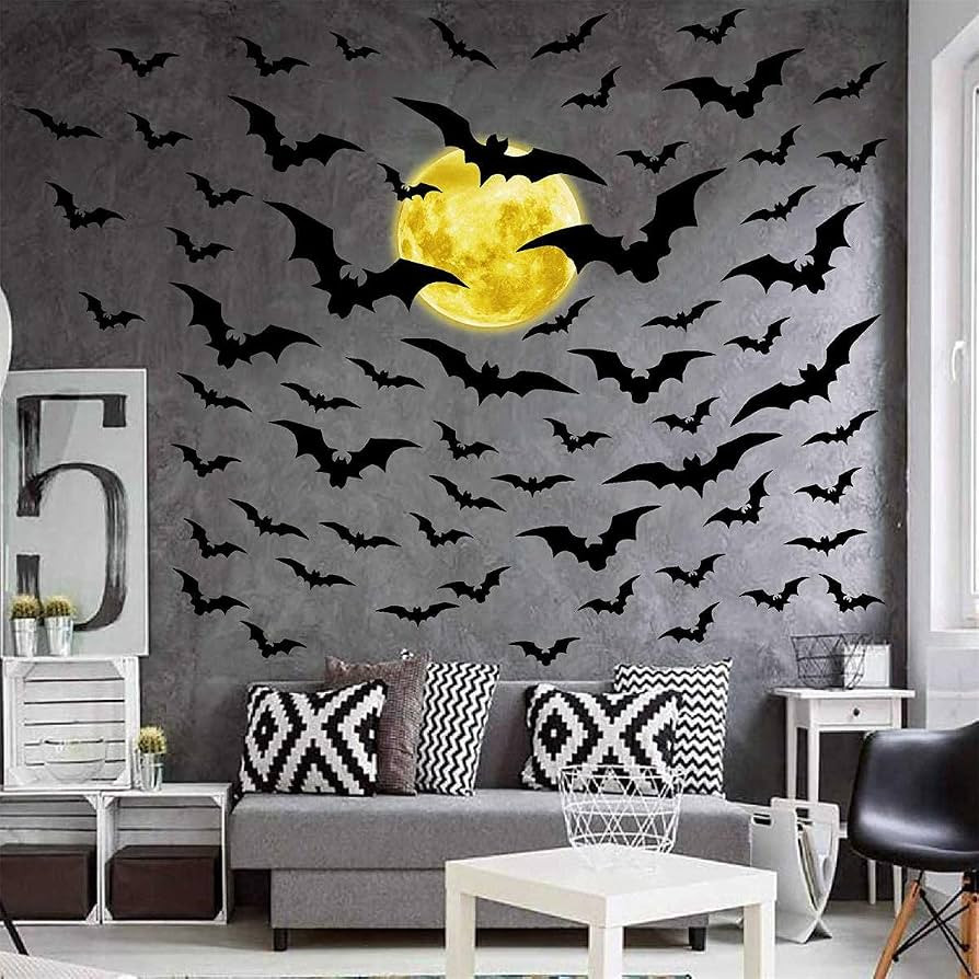 Halloween Moon Wall Decal Halloween Bat Wall Stickers Vinyl Bat Wall Decals Removable Halloween W... | Amazon (US)