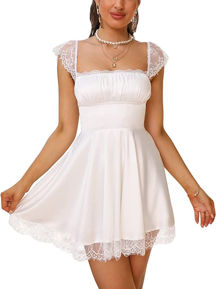 Women's Satin Lace Strap Mini Dress Square Neck Flowy A-Line Ruffle Swing Casual Short Dresses | Amazon (US)
