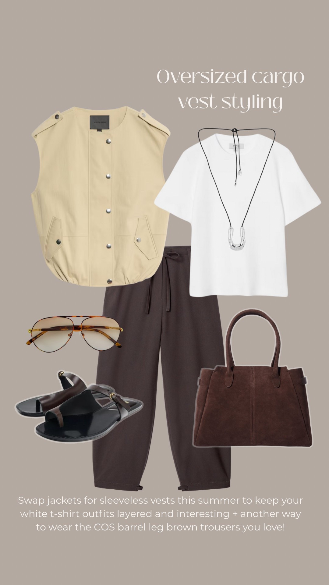 Summer jacket - brown trouser - barrel leg - summer sandals - capsule wardrobe summer - cos clean cut white t shirt - aviator sunglasses - pendant necklace - brown suede bag - summer accessories - utility vest - cargo vest - Zara - & Other Stories 

#LTKuk #LTKstyletip #LTKsummer
