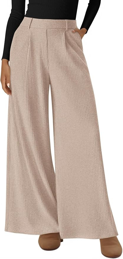 BTFBM Wide Leg Pants for Women Dressy Work Business Casual Elastic High Waisted Trousers Ribbed L... | Amazon (US)