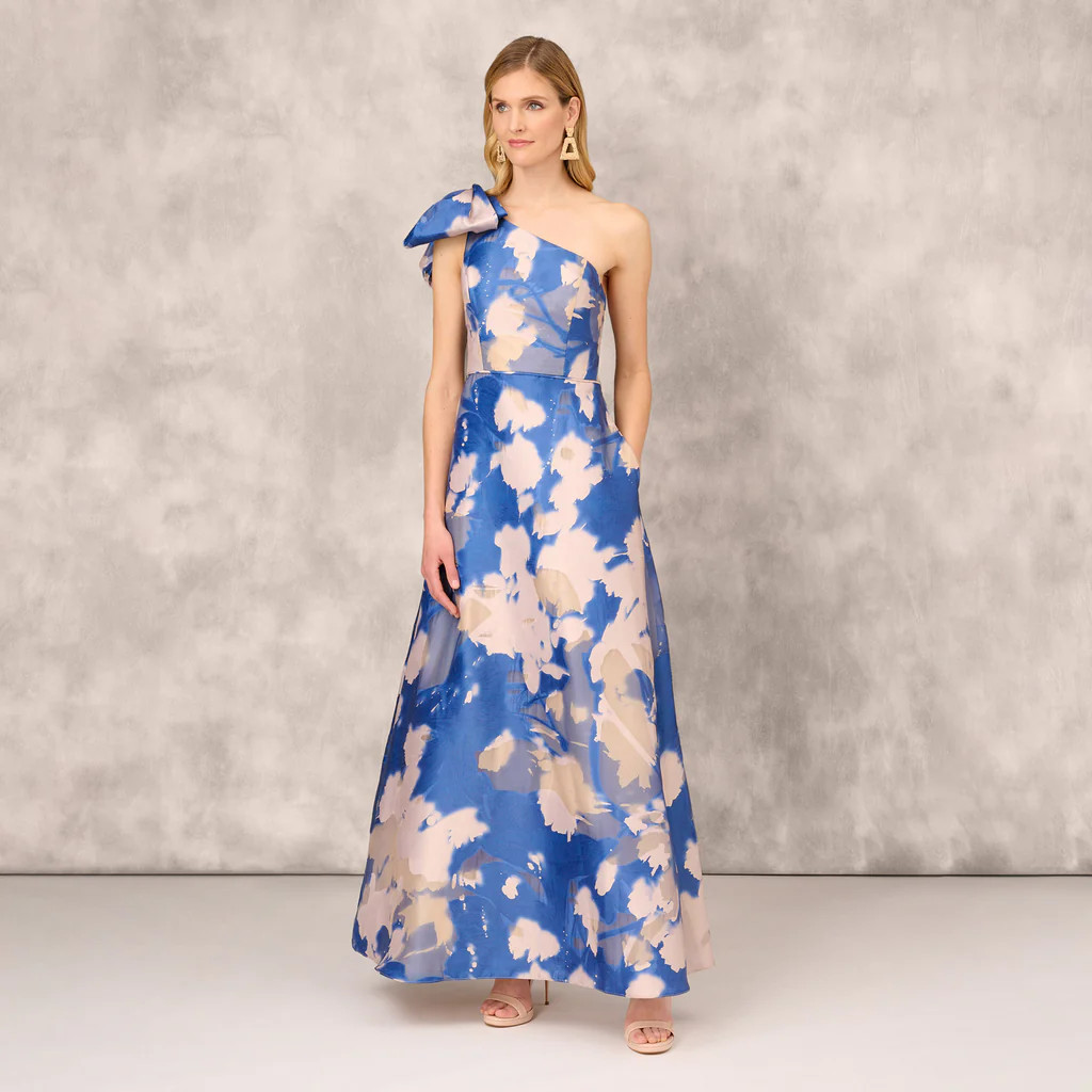Floral Jacquard One Shoulder Ball Gown With Bow Accent In Royal Sapphire | Adrianna Papell