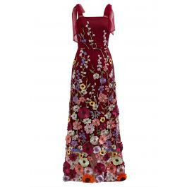 3D Floral Applique Tie-Strap Mesh Tulle Maxi Dress in Burgundy | Chicwish