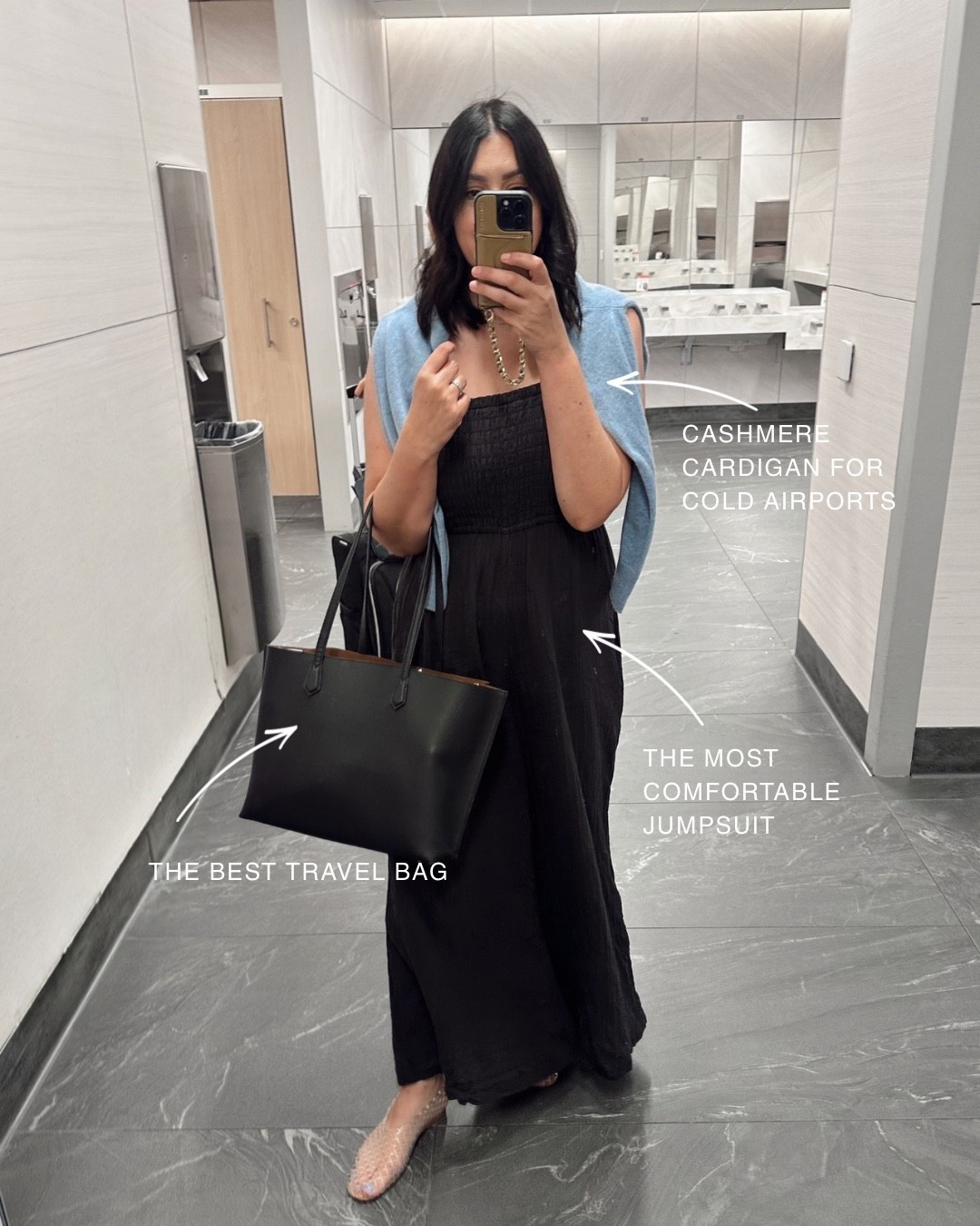Travel day outfit! Wearing the comfiest cotton jumpsuit from @Quince with my favorite cardigan. It’s a loose relaxed fit but true to size! I’m in the large. 
#quincepartner

Ps: this is the best travel bag for work! It carries all my screens and it’s sturdy enough to keep its shape so nothing ever falls over or out!