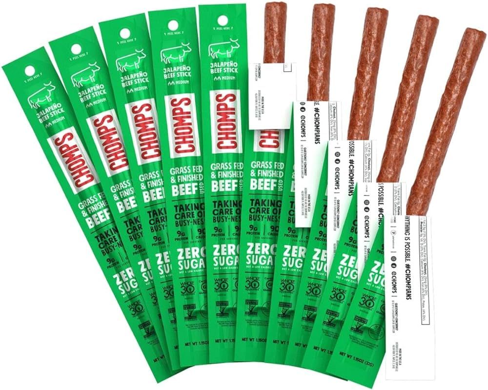 CHOMPS Grass Fed Beef Jerky Meat Snack Sticks, Keto, Paleo, Whole30 Approved, Low Carb, High Prot... | Amazon (US)