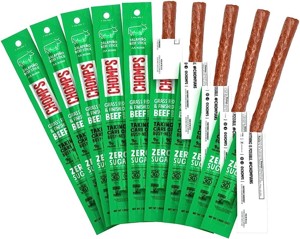 CHOMPS Grass Fed Beef Jerky Meat Snack Sticks, Keto, Paleo, Whole30 Approved, Low Carb, High Prot... | Amazon (US)