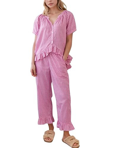 KCVVA Womens Gingham Pajamas Set 2 Piece Plaid Ruffle Babydoll Shirt Sleepwear Outfits Matching Lounge Cotton Pjs Pink | Amazon (US)