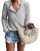 Womens Henley Shirts V Neck Long Sleeve Button Down Tops Warm Waffle Knit Tees Grey | Amazon (US)