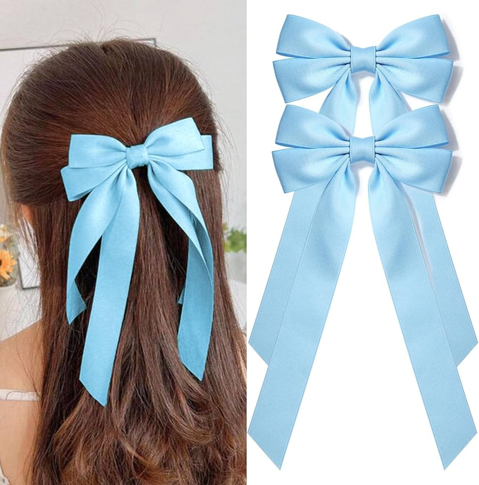 Aileam 2PCS Silky Satin Hair Bows (Blue) for Hair Securing, Hairdressing, Ponytail Holders, Women... | Amazon (US)