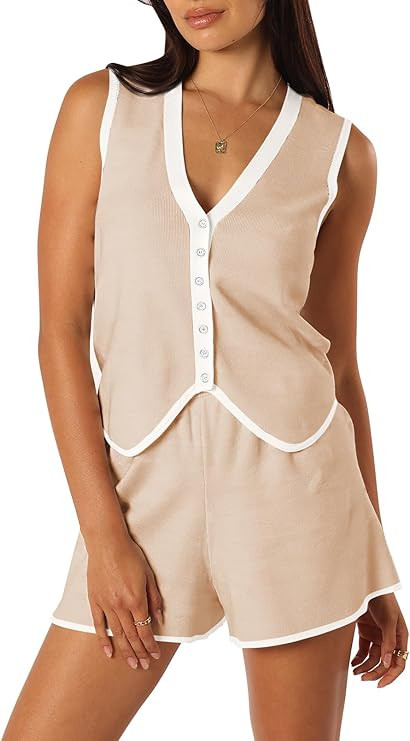Pink Queen Vest Sets Women 2 Piece Outfits 2025 Summer Casual Knit Loungewear Sleeveless Button D... | Amazon (US)
