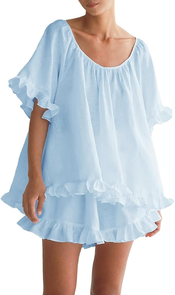 Women Summer 2 Piece Set Fashion Short Sleeve Ruffle Trim Top and Shorts Set Cotton Pajama Sets | Amazon (US)
