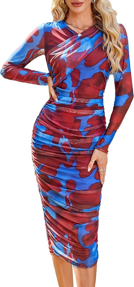GRACE KARIN Women's Ruched Wrap Bodycon Dresses Mesh Print Fall Formal Midi Dress Long Sleeve Fit... | Amazon (US)