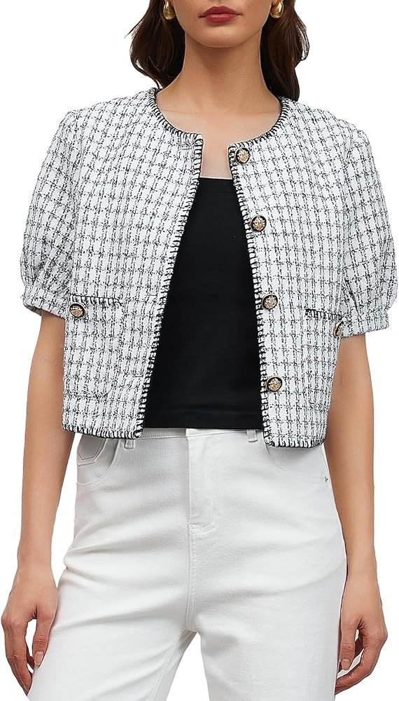 Ladyful Summer Cropped Tweed Jacket for Women Puff Short Sleeve Lightweight Tweed Blazer Button D... | Amazon (US)