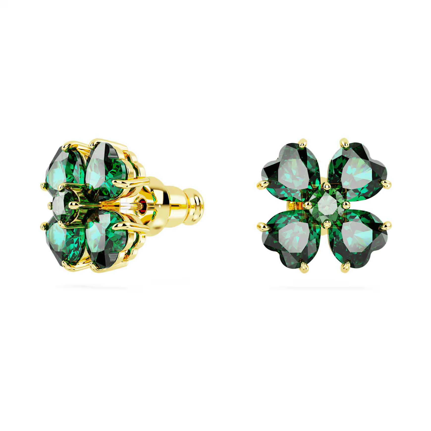 Idyllia stud earrings, Clover, Green, Gold-tone plated by SWAROVSKI | SWAROVSKI