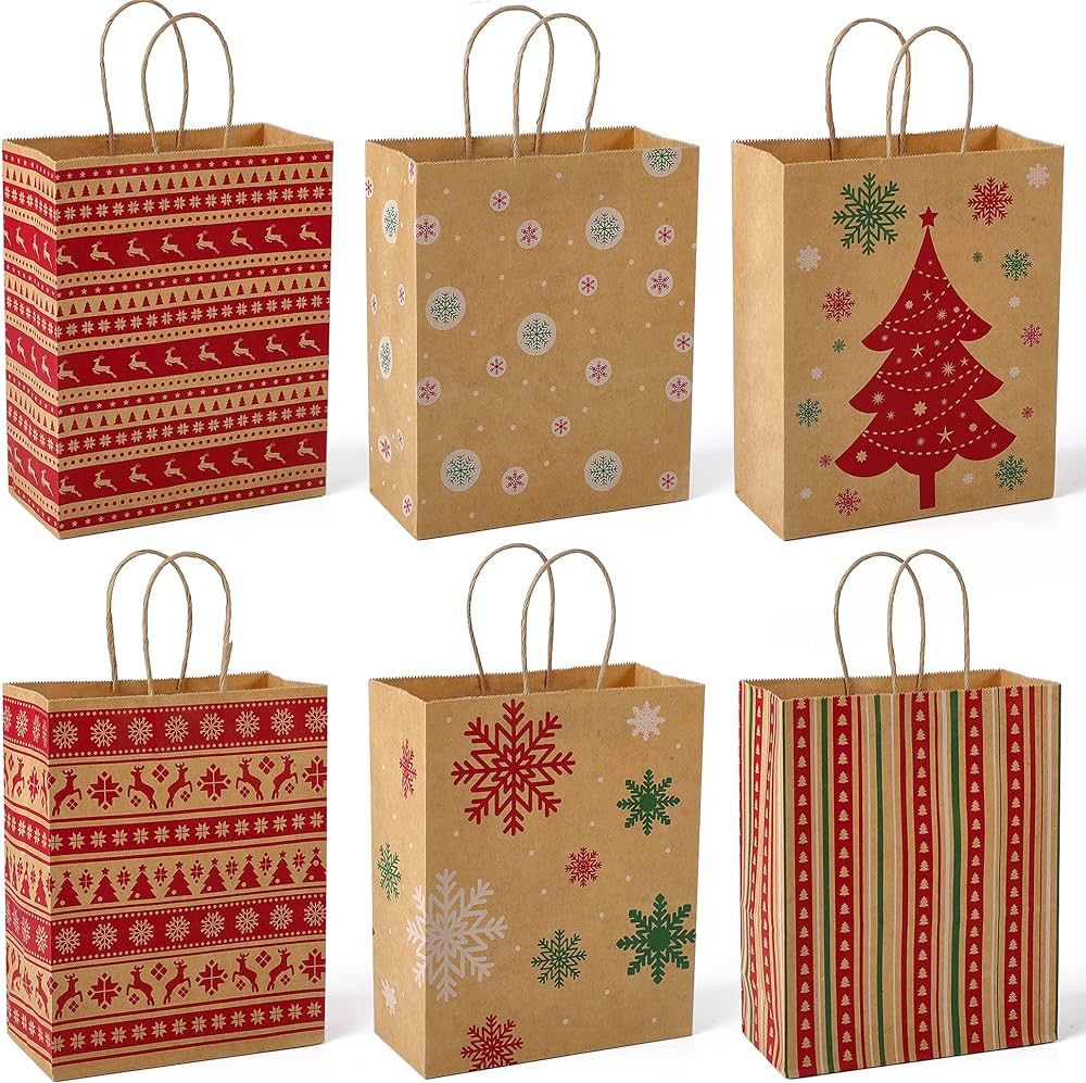 MESHA Christmas Gift bags 24Pcs 7x8.6x3.3'' Kraft Paper Bags with Handles Bulk, Christmas Bags fo... | Amazon (US)