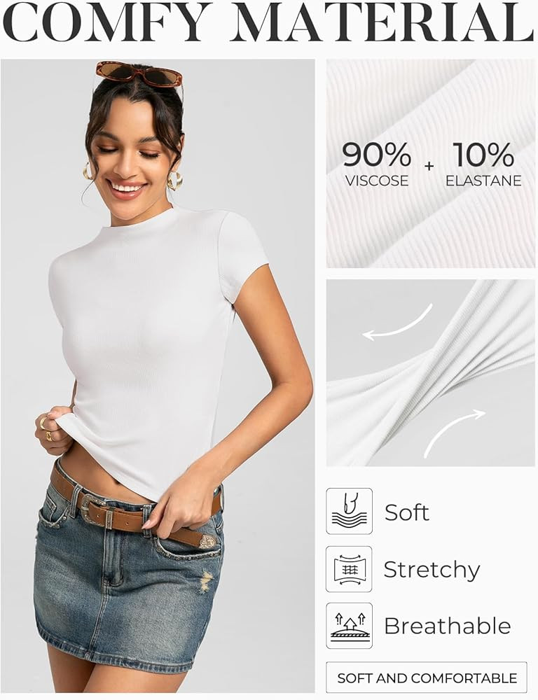 Kate Kasin Womens Summer Mock Neck Tops, Ribbed Slim Fit Cap Short Sleeve Shirts, Casual Crop Tre... | Amazon (US)
