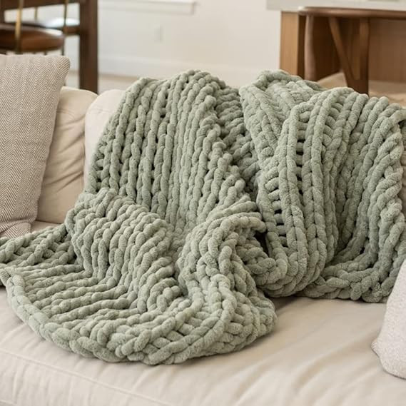 SAMIAH LUXE Chunky Knit Blanket 50x70 Sage - Green Luxury Chenille Blanket for Farmhouse Decor; B... | Amazon (US)
