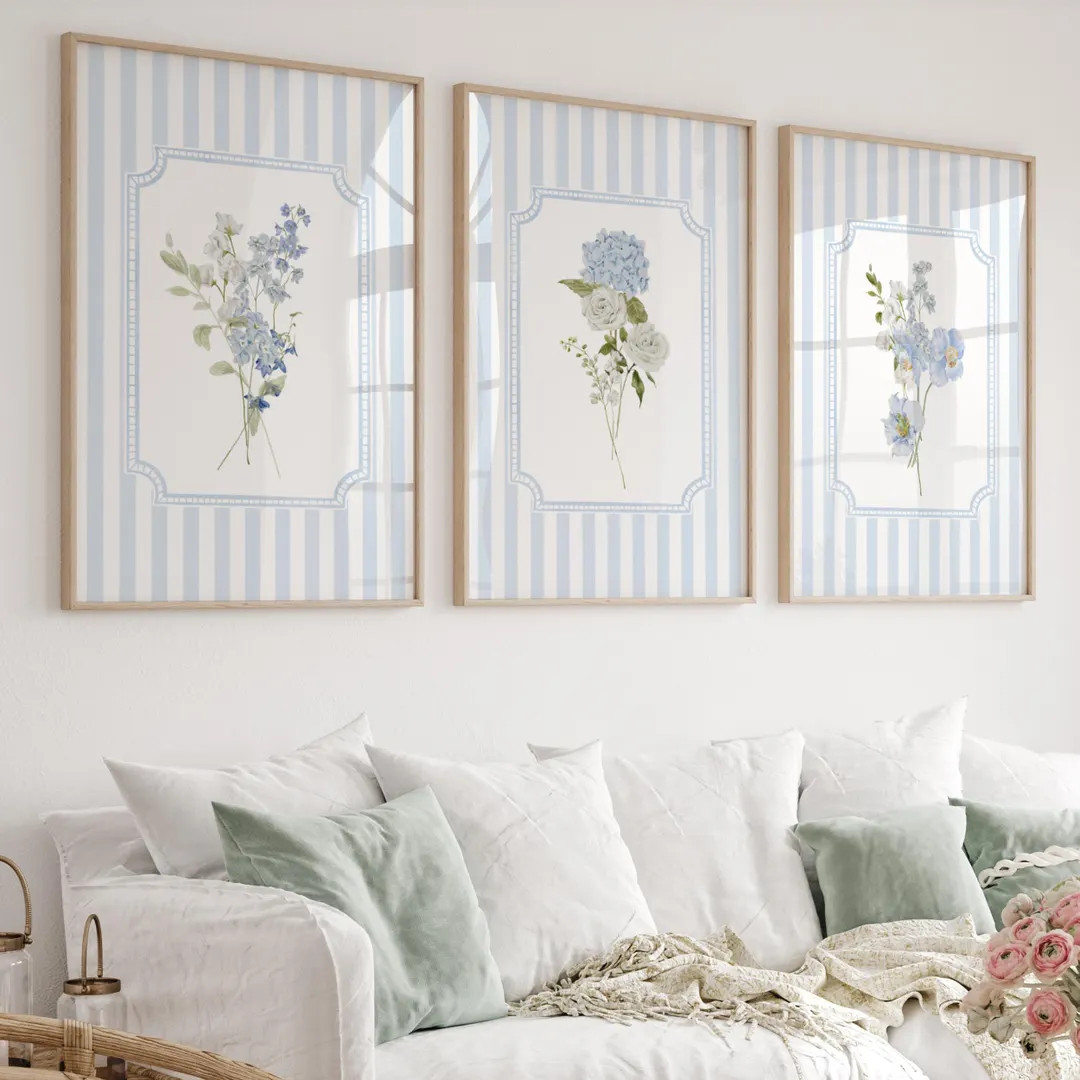 Blue Floral Watercolor Print Set, Cottagecore Nursery Decor (Digital Download) | Etsy (US)