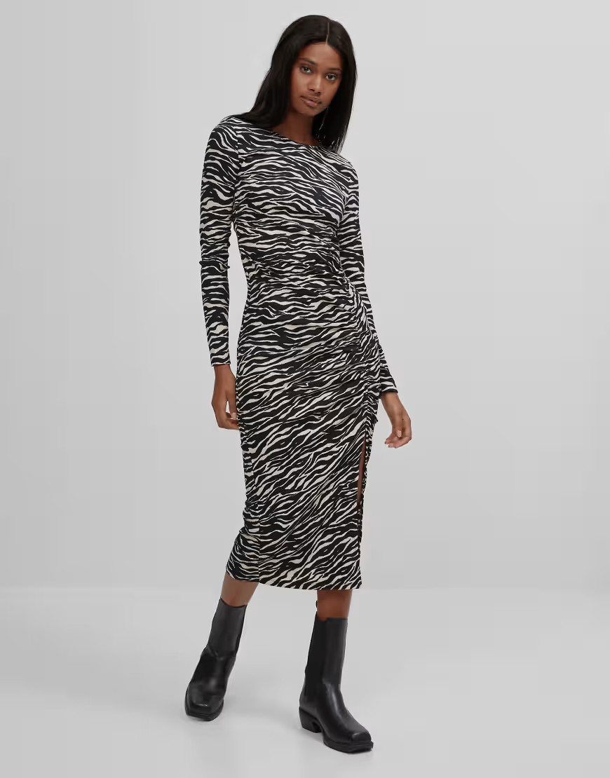 Bershka zebra print midi dress with ruching in black | ASOS (Global)
