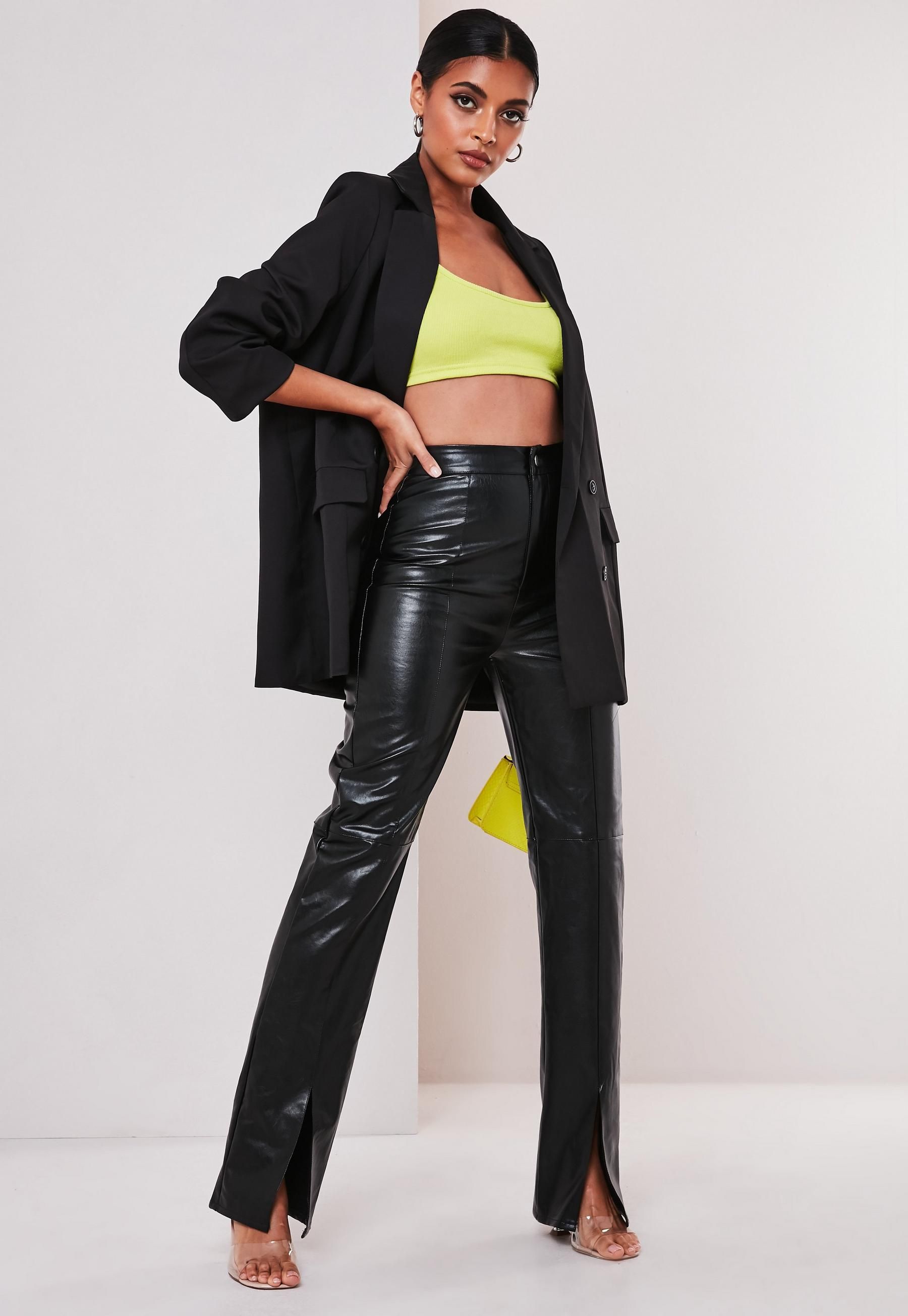 Missguided - Black Faux Leather Split Front Pants | Missguided (US & CA)