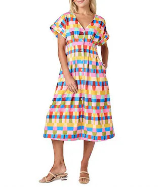 CROSBY by Mollie Burch Lennox V-Neck Button Front Short Sleeve Pleated Midi A-Line Dress | Dillar... | Dillard's