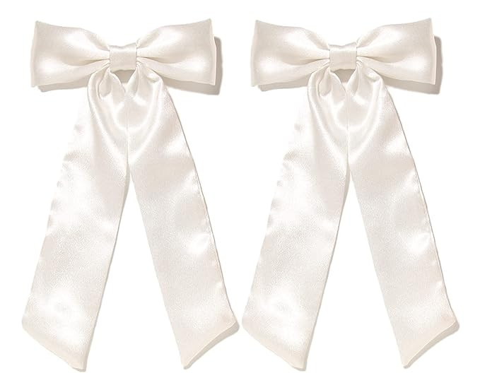 Furling Pompoms White Bow Hair Clips with Long Tail,2pcs Hair Ribbon Bows for Women Satin Bowknot... | Amazon (US)