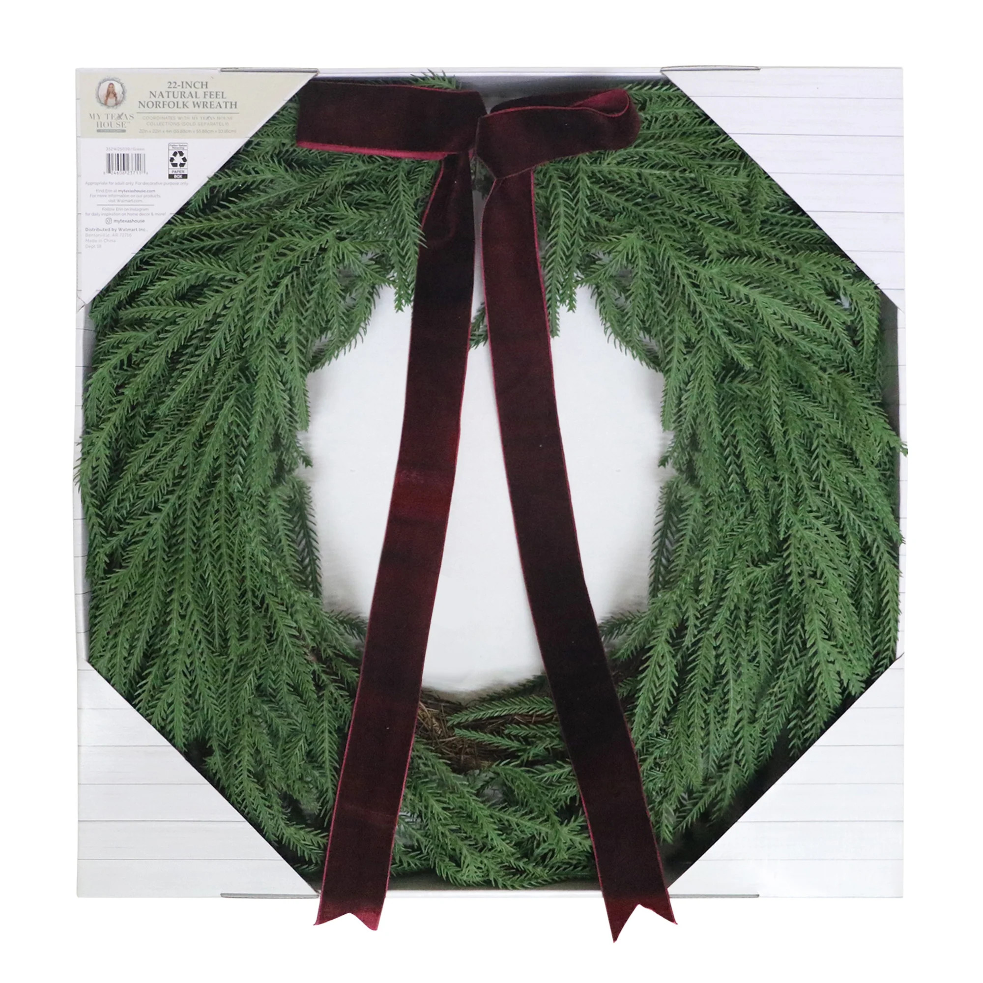 Evergreen Natural Feel Norfolk Artificial Christmas Wreath, Green, 22", by My Texas House | Walmart (US)