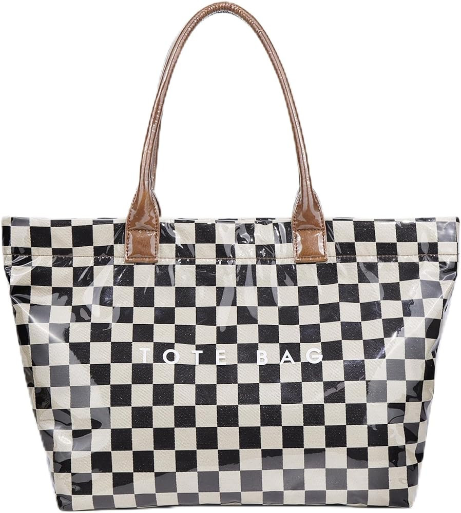 Checkered Tote Bag for Women,Trendy Print Handbag,Large Capacity Waterproof Plastic Shoulder Bag,... | Amazon (US)