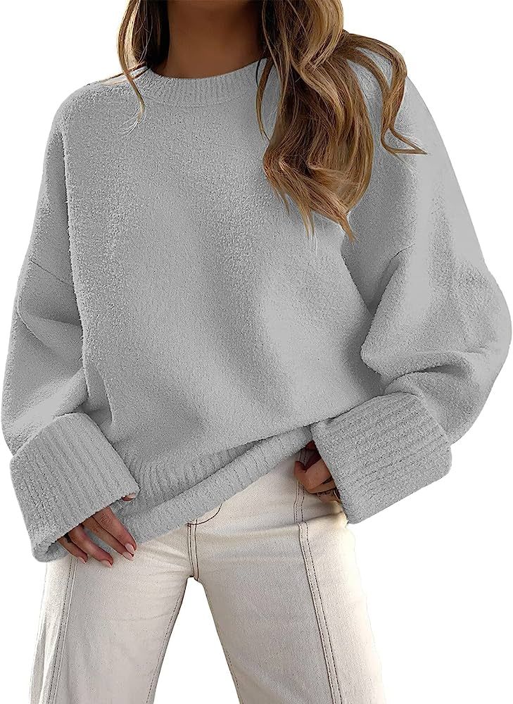 EFAN Women's Crewneck Long Sleeve Oversized Fuzzy Knit Chunky Warm Pullover Sweater Top | Amazon (US)