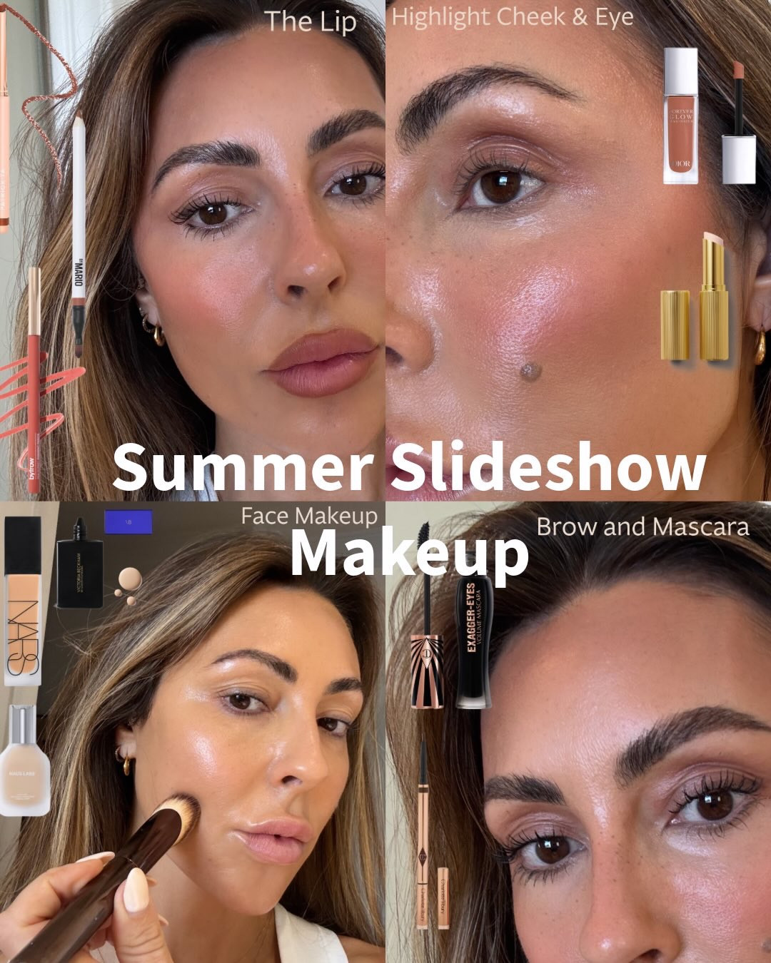Summer Makeup 💛💄☀️✨
Shades & technique below

SKIN
Cosmetic Consult pad the night before for extra glow. SPF always as the final step of your base.

FACE
Yes I mixed 3 foundations… slightly rogue but I love the finish. One pump/drop of each across the whole face.
Victoria Beckham Beauty foundation drops are incredible (I use sparingly as they’re an investment). Shade 9 medium for a slightly sun-kissed tone.
Haus Labs foundation (medium neutral) is my go-to for a radiant glow -it sits beautifully on the skin.
NARS Soft Matte in Valencia adds that silky, soft-focus finish -balances the glow perfectly.

CONCEALER
Haus Labs for most areas (a couple of shades lighter). A little NARS under the eyes -always a staple for how well it sits.

BRONZE & CONTOUR
Dior bronzer stick (shade 2) for a natural warmth -blends effortlessly.
Victoria Beckham contour stick in Marble for nose + lips -super easy and precise.

BLUSH
Rhode pocket blush in Sun Soak (I think limited 😔). My go-to for that sunkissed summer flush.

HIGHLIGHT
Victoria Beckham highlighter in Pearl for a luminous, almost water-like glow.
Dior Forever Glow Maximiser in Bronze for that glossy, wet-look finish on eyes + cheekbones.

BROWS & MASCARA
Charlotte Tilbury Brow Cheat (black brown) fine, natural strokes.
Exagger-Eyes mascara in black-buildable, slightly thicker lashes (my preference).

LIPS
I rarely use lipstick -usually gloss later.
Layered liners: ByFrow Pink Sorbet (soft base), Patrick Ta Oh She’s Single (warm definition), Makeup by Mario Spiced Chai (deeper outer line).

The goal: glowy, sculpted, effortless summer skin ✨

Hope you enjoy 💋
