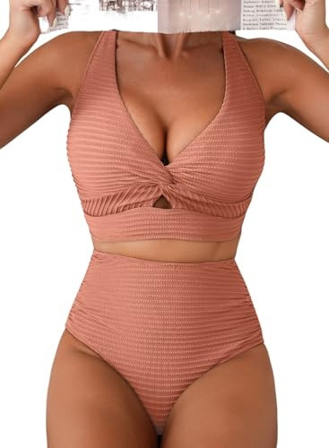 Herseas Womens Bikini Sets Knot Twist V Neck Swimsuits High Waisted Textured Push Up Cute Wire Free Pink Vacation Outfit Medium | Amazon (US)