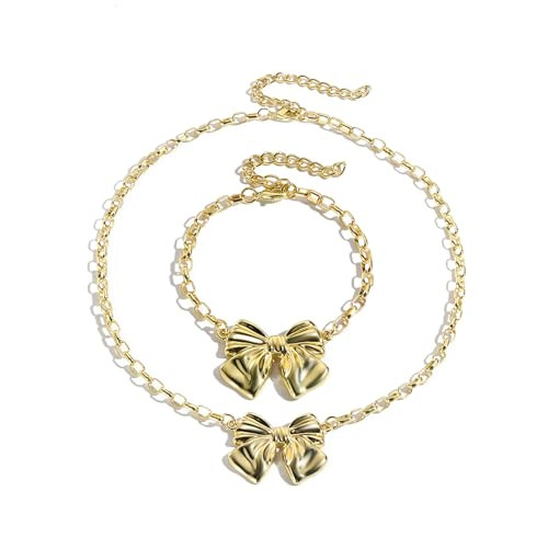 Hremhoo Gold Bow Necklace for Women Dainty Bow Pearl Choker Necklace 14K Gold Plated Bow Necklace Bracelet Set Bow Jewelry Set for Women (Bow necklace bracelet set) | Amazon (US)