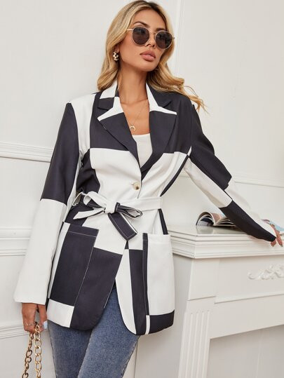 Color-block Lapel Neck Belted Blazer | SHEIN