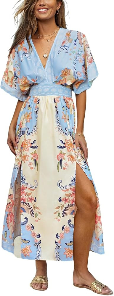 CUPSHE Women Boho Maxi Summer Dress Plunging V Half Dolman Sleeve Empired Waist Side Slit Sundres... | Amazon (US)
