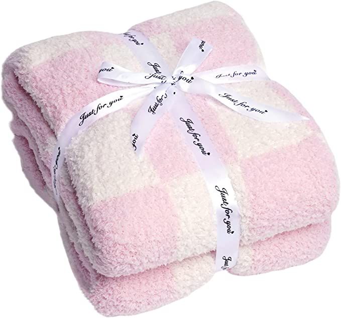 Fuzzy Checkered Throw Blanket Pink Reversible Throw Blankets Decorative Plaid Blanket - Super Sof... | Amazon (US)