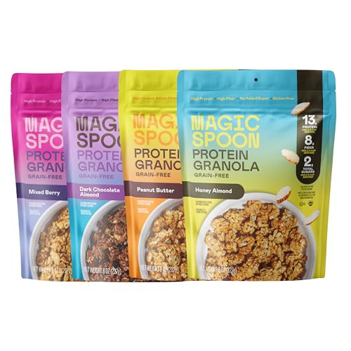 Magic Spoon Protein Granola - High Protein Granola, Keto Friendly, Low Sugar, Grain Free, Healthy Breakfast or Quick Snack (1 bag of each: Honey Almond, Dark Chocolate Almond, Peanut Butter, Mixed Berry) | Amazon (US)